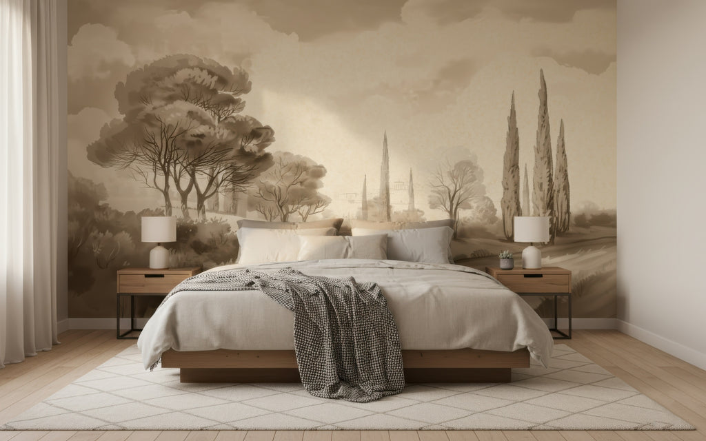 Sepia Tuscan Cypress Landscape wallpaper in a styled room, view 2
