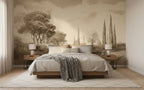 Sepia Tuscan Cypress Landscape wallpaper in a styled room, view 2