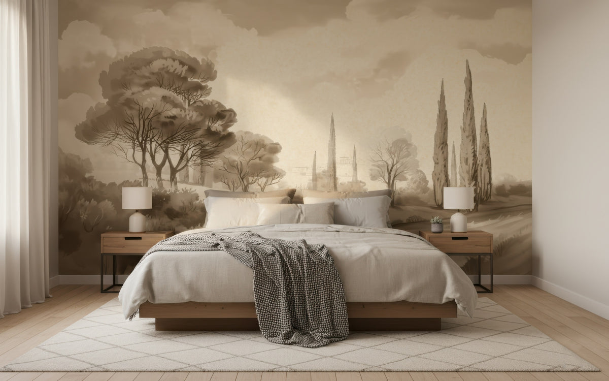 Sepia Tuscan Cypress Landscape wallpaper in a styled room, view 2