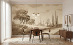 Sepia Tuscan Cypress Landscape wallpaper in a styled room, view 3