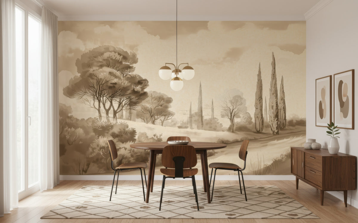 Sepia Tuscan Cypress Landscape wallpaper in a styled room, view 3