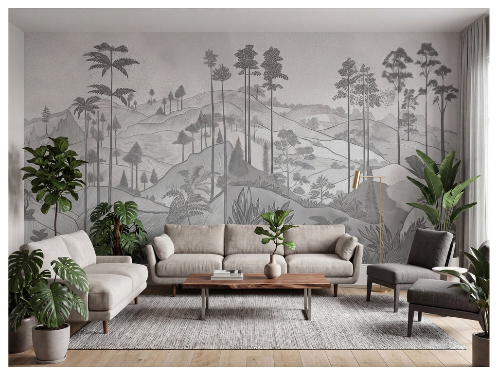 Gray Tropical Hills Linework wallpaper in a styled room, view 1