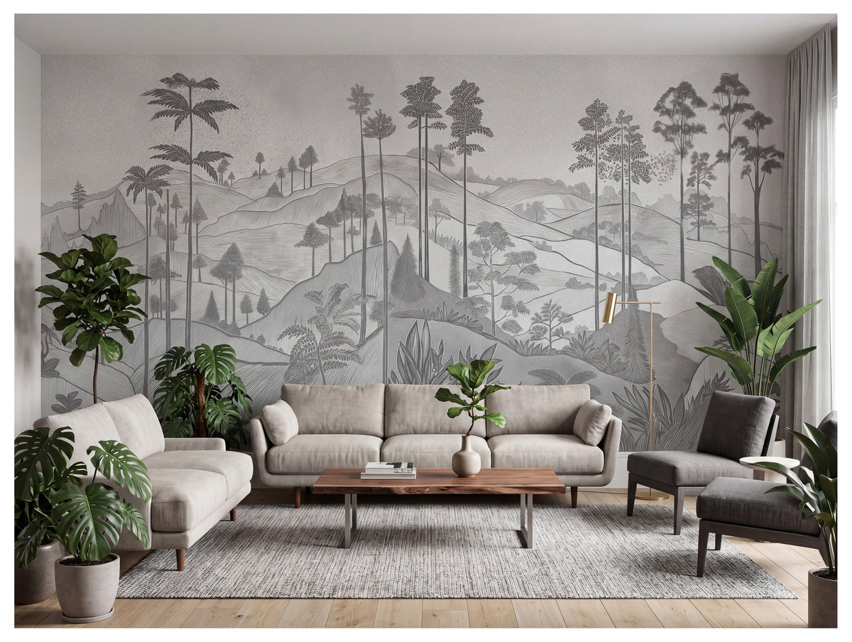 Gray Tropical Hills Linework wallpaper in a styled room, view 1