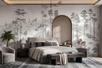 Gray Tropical Hills Linework wallpaper in a styled room, view 2