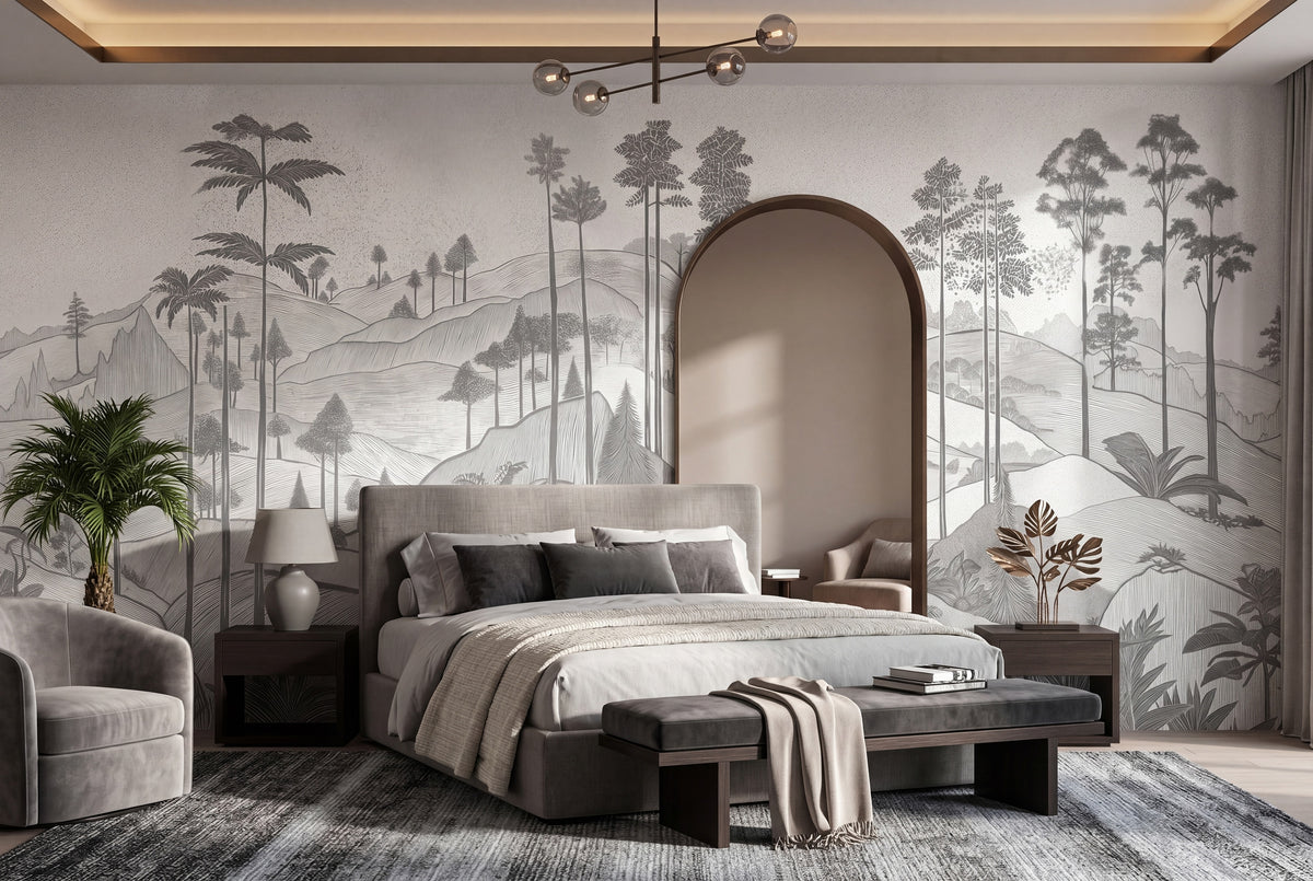 Gray Tropical Hills Linework wallpaper in a styled room, view 2
