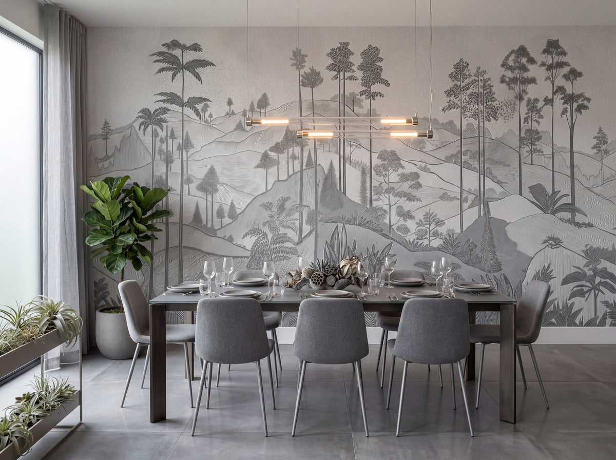 Gray Tropical Hills Linework wallpaper in a styled room, view 3