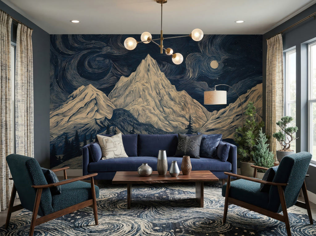 Navy Starry Night & Mountains wallpaper in a styled room, view 1