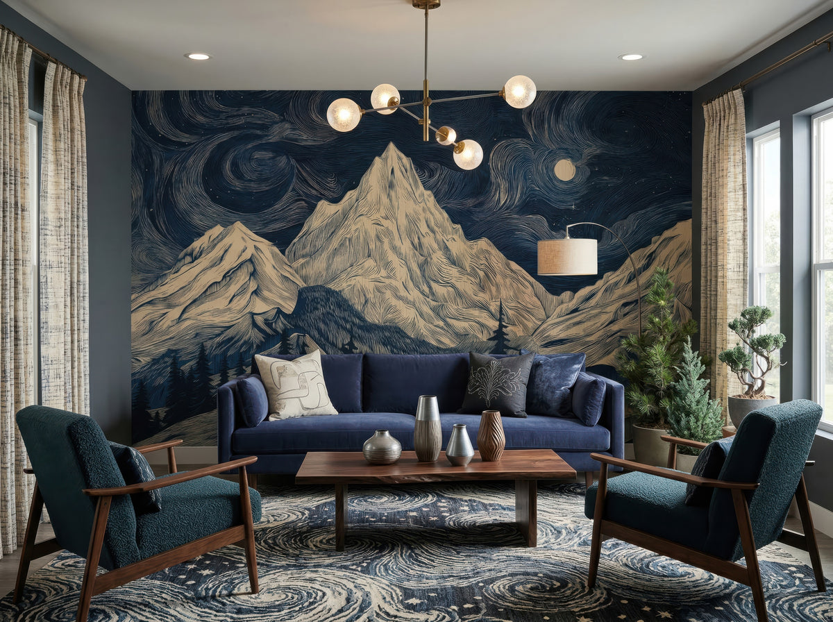 Navy Starry Night & Mountains wallpaper in a styled room, view 1