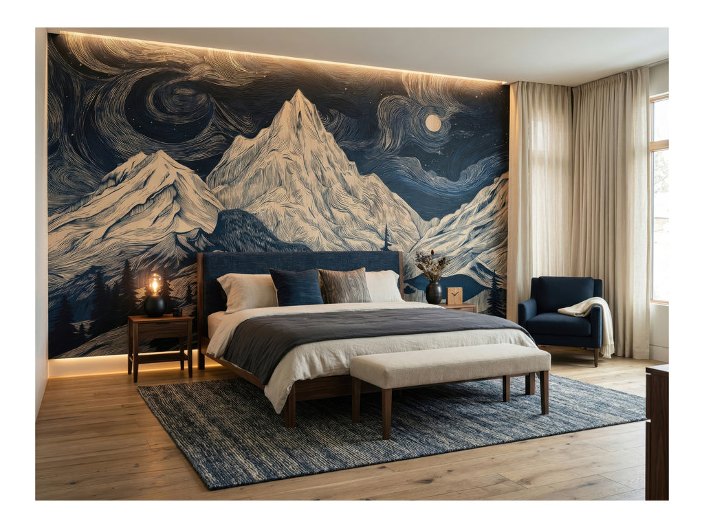 Navy Starry Night & Mountains wallpaper in a styled room, view 2