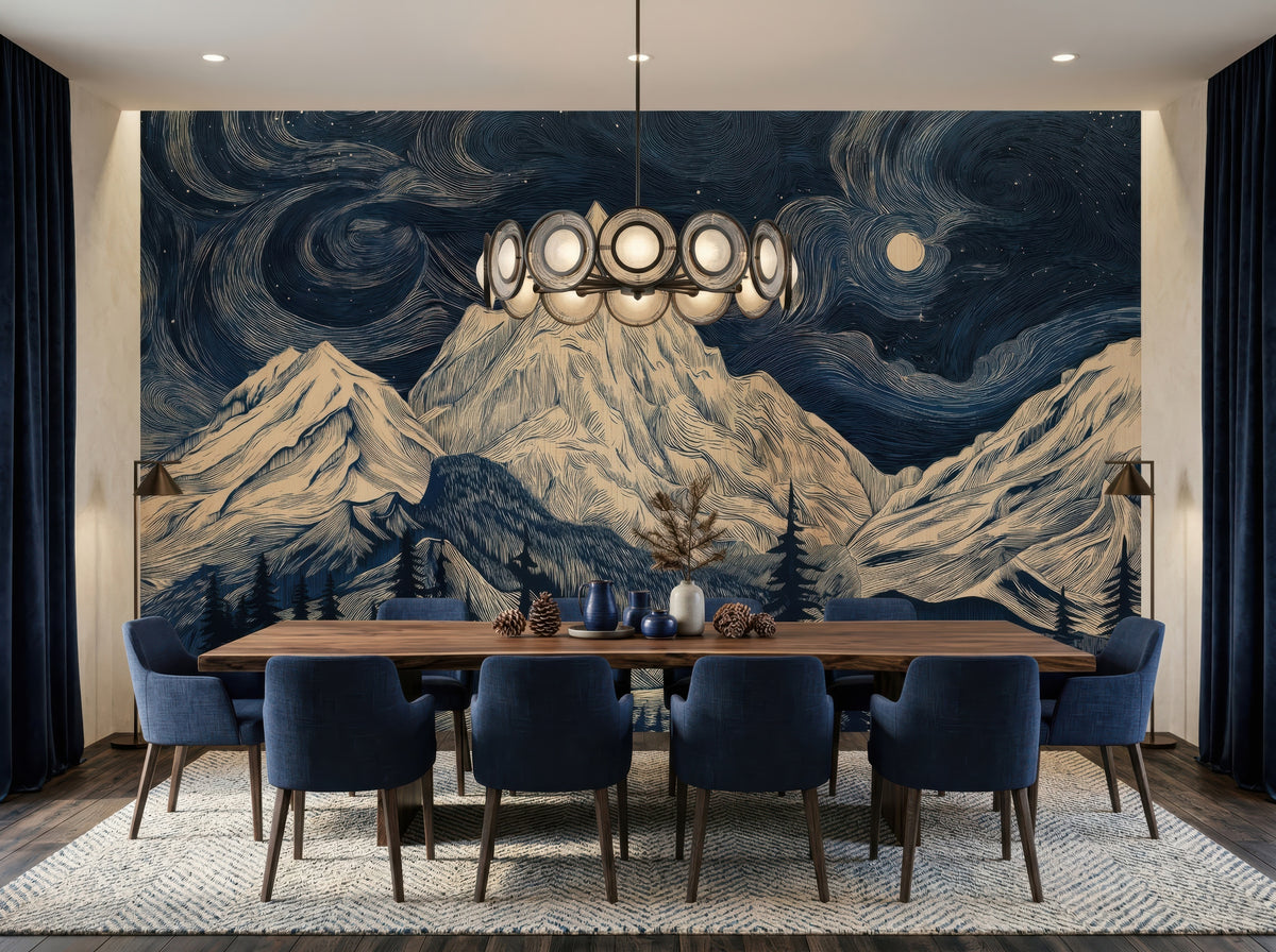 Navy Starry Night & Mountains wallpaper in a styled room, view 3