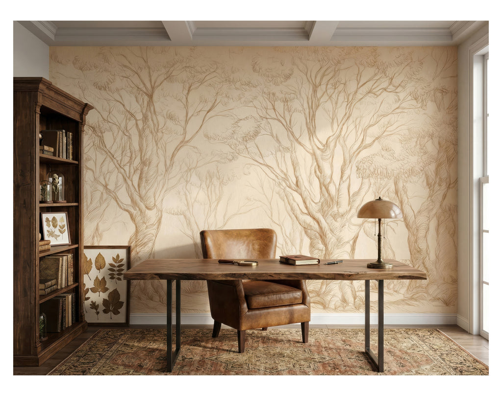 Beige & Gold Delicate Tree Sketches wallpaper in a styled room, view 1