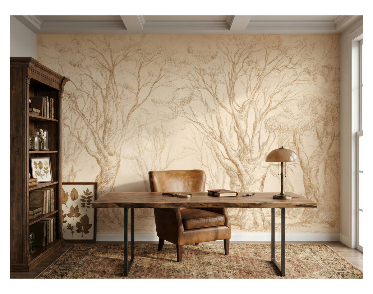 Beige & Gold Delicate Tree Sketches wallpaper in a styled room, view 1