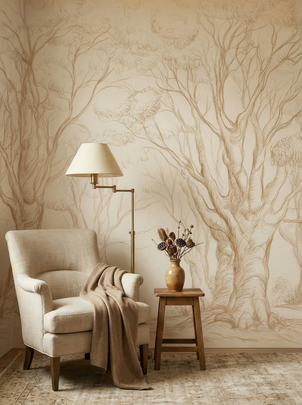 Beige & Gold Delicate Tree Sketches wallpaper in a styled room, view 2