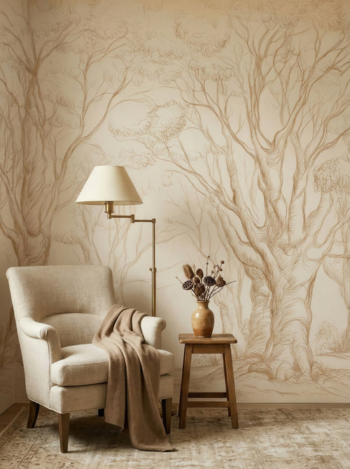 Beige & Gold Delicate Tree Sketches wallpaper in a styled room, view 2