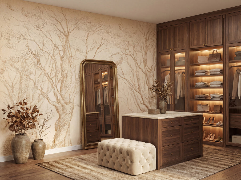 Beige & Gold Delicate Tree Sketches wallpaper in a styled room, view 3