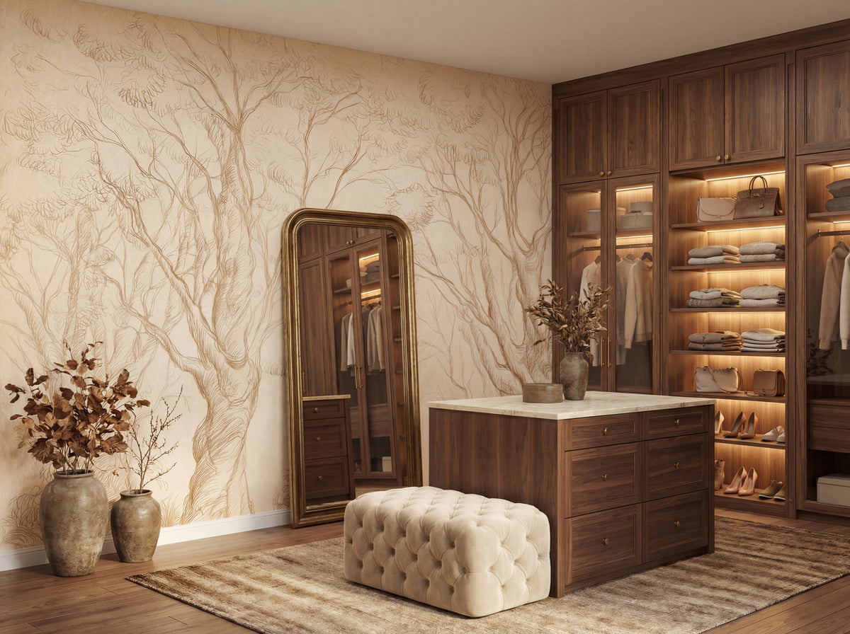 Beige & Gold Delicate Tree Sketches wallpaper in a styled room, view 3