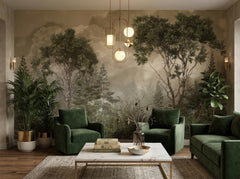 Green Misty Forest wallpaper in a styled room, view 1