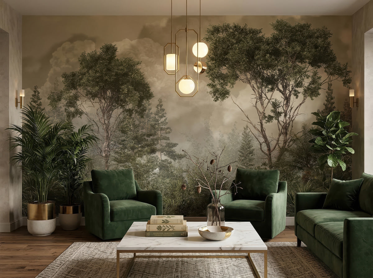 Green Misty Forest wallpaper in a styled room, view 1