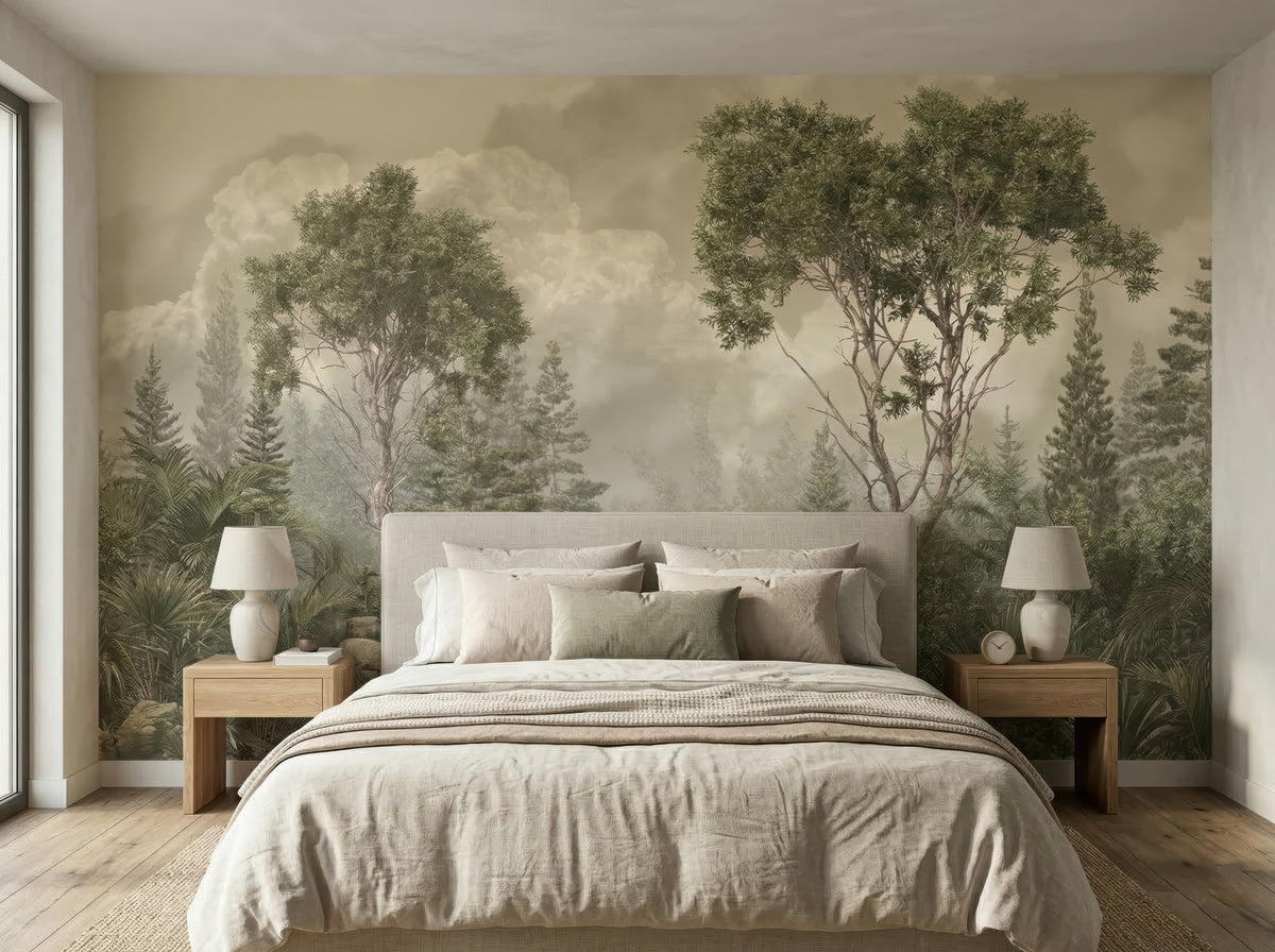 Green Misty Forest wallpaper in a styled room, view 2