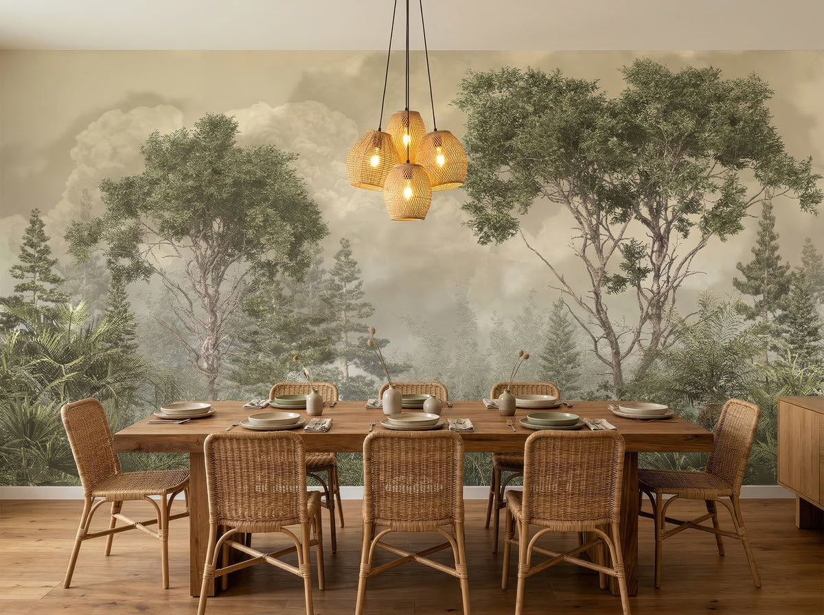 Green Misty Forest wallpaper in a styled room, view 3