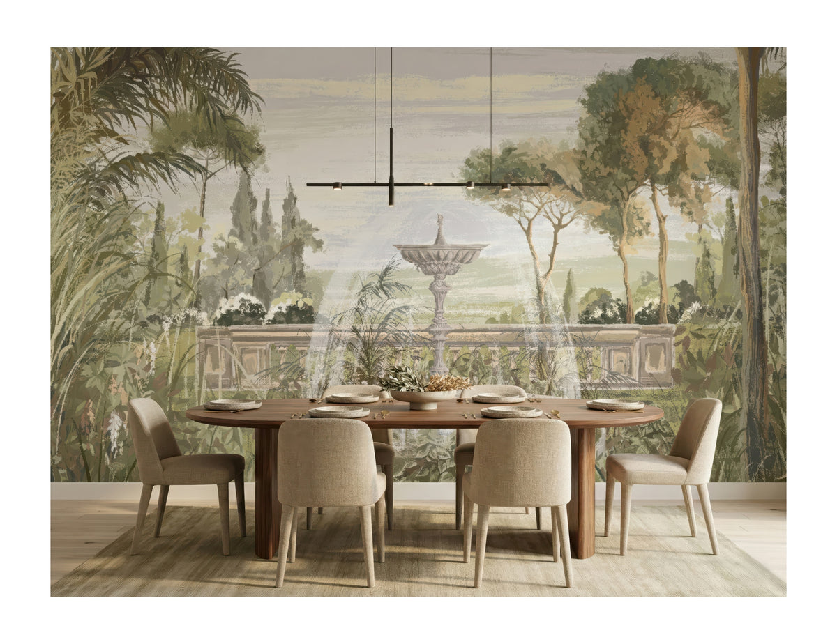 Classical Garden & Fountain wallpaper in a styled room, view 2