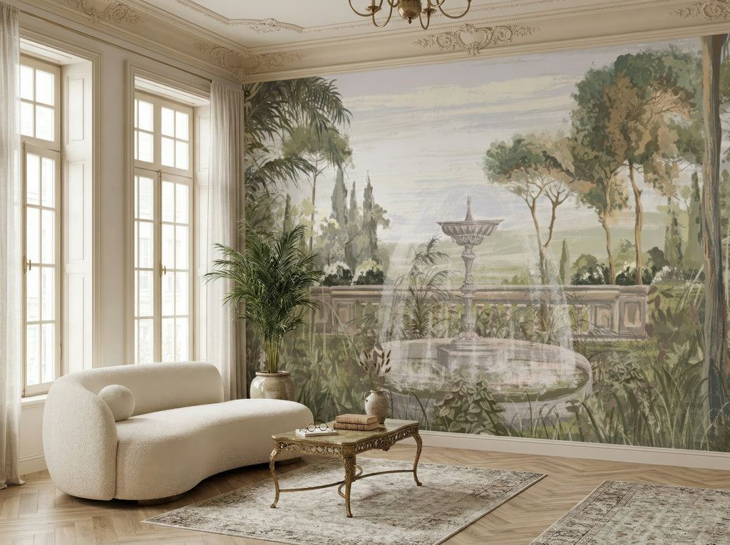 Classical Garden & Fountain wallpaper in a styled room, view 3