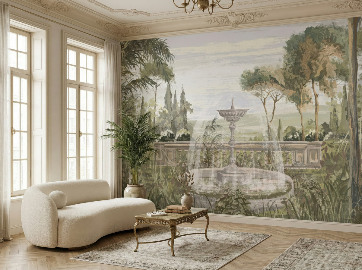 Classical Garden & Fountain wallpaper in a styled room, view 3