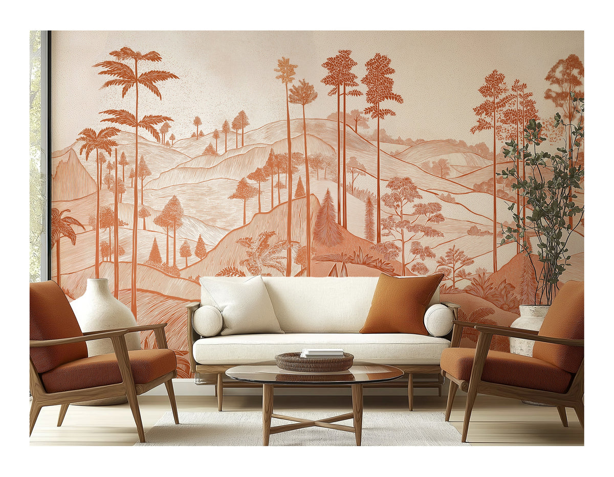 Terracotta Tropical Hills wallpaper in a styled room, view 1