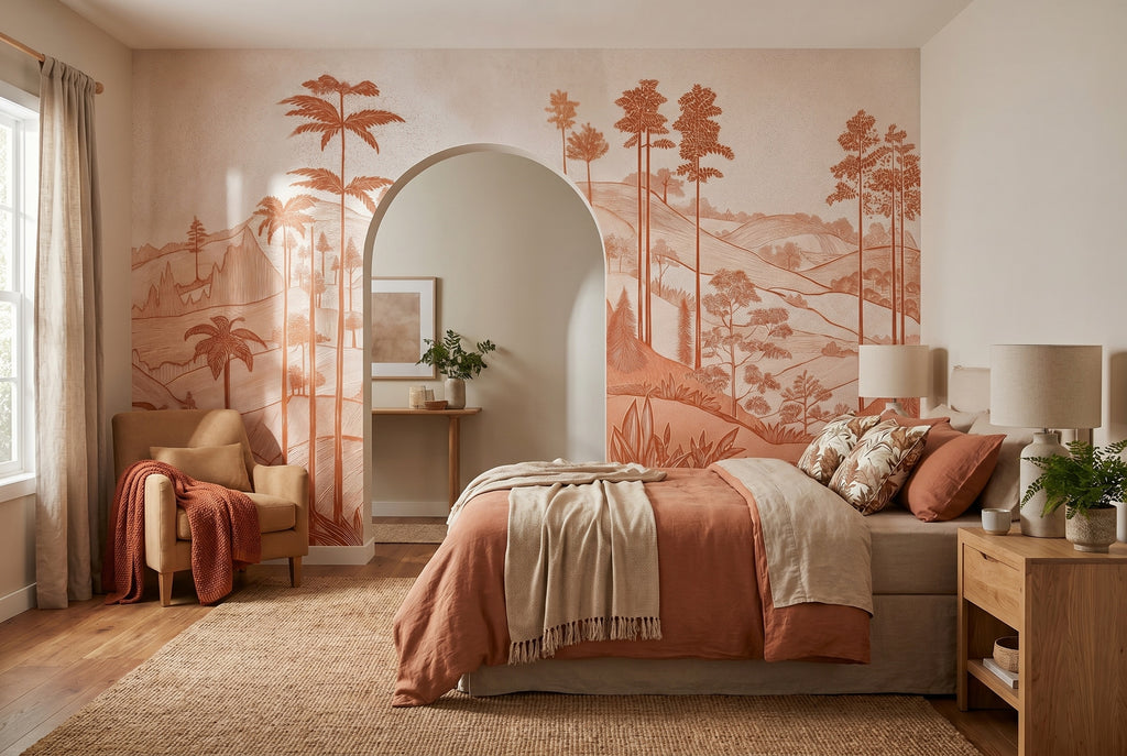 Terracotta Tropical Hills wallpaper in a styled room, view 2