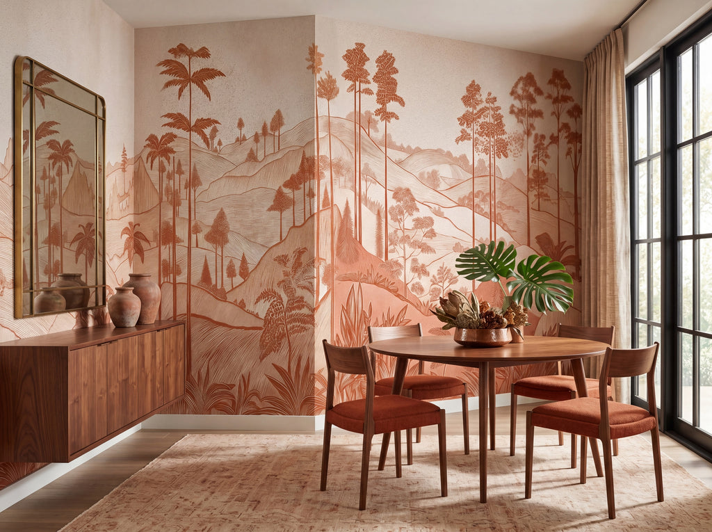 Terracotta Tropical Hills wallpaper in a styled room, view 3