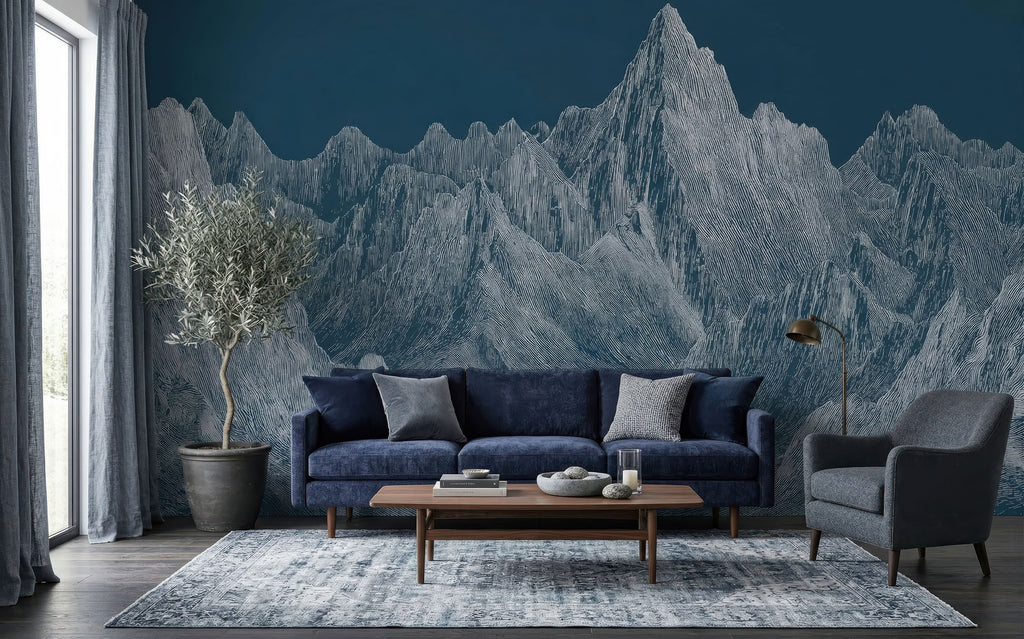 Blue & Gray Mountain Peaks wallpaper in a styled room, view 1