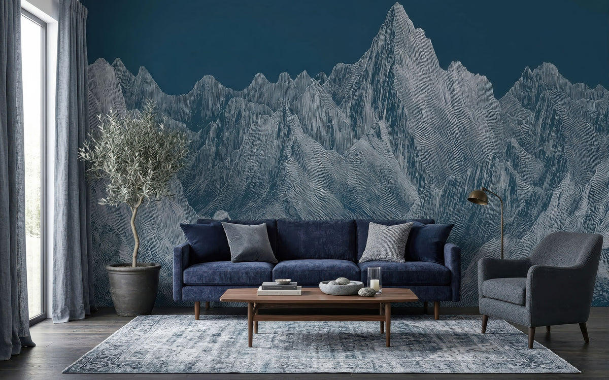 Blue & Gray Mountain Peaks wallpaper in a styled room, view 1