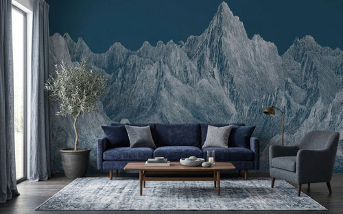 Blue & Gray Mountain Peaks wallpaper in a styled room, view 1