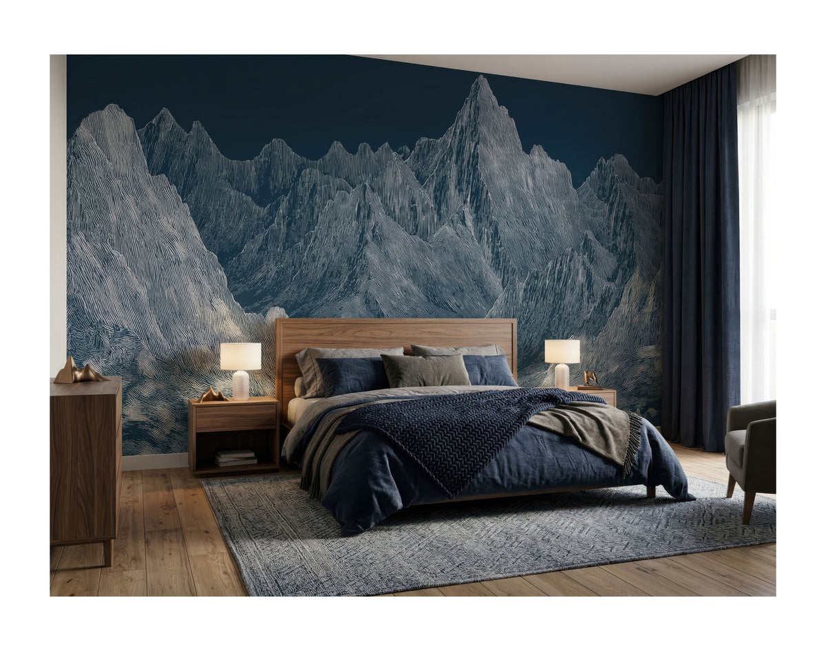 Blue & Gray Mountain Peaks wallpaper in a styled room, view 2