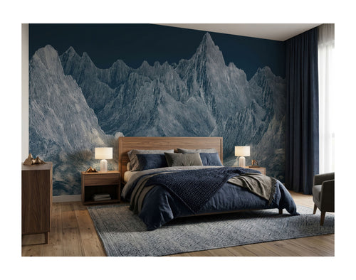 Blue & Gray Mountain Peaks wallpaper in a styled room, view 2