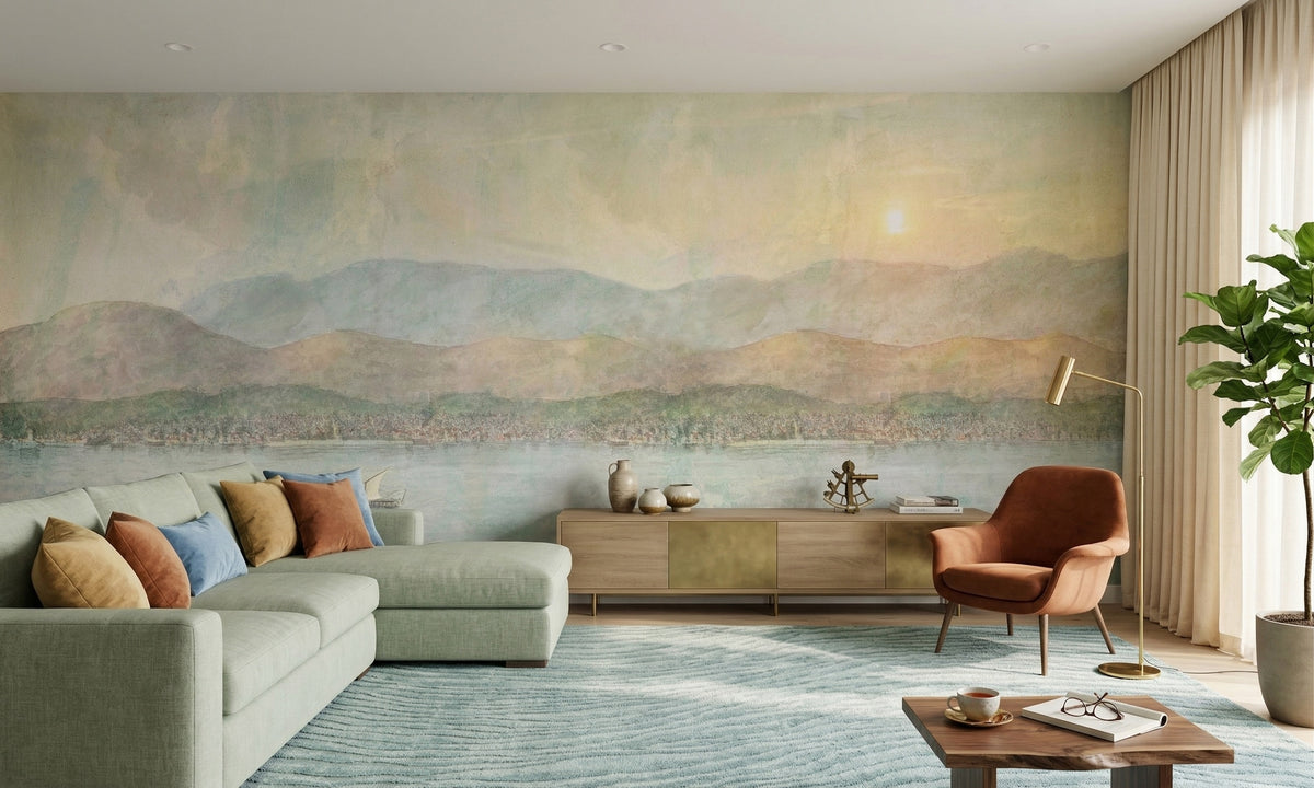 Pastel Sunset Lake & Mountains wallpaper in a styled room, view 1