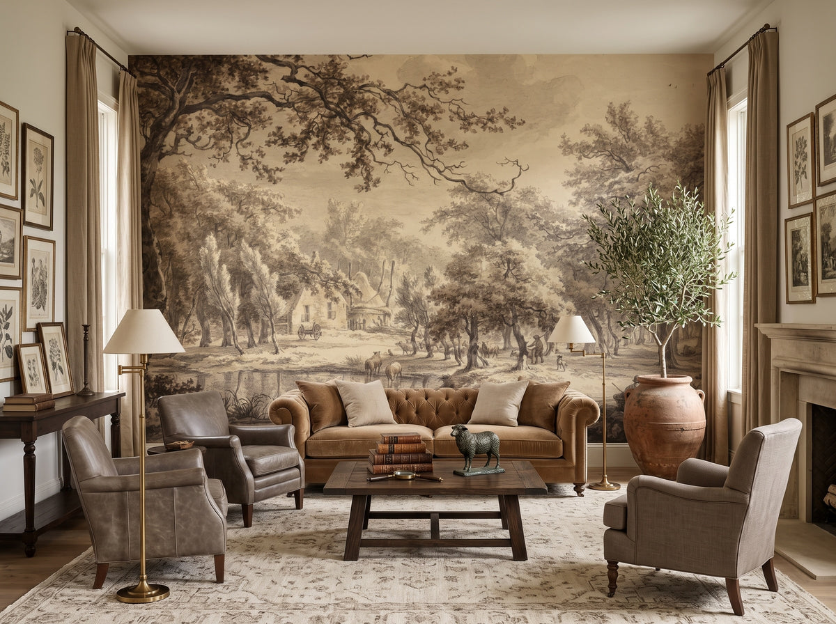 Sepia Classical Countryside Trees wallpaper in a styled room, view 1