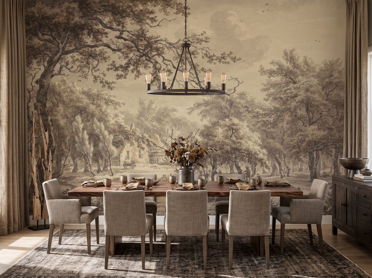 Sepia Classical Countryside Trees wallpaper in a styled room, view 2