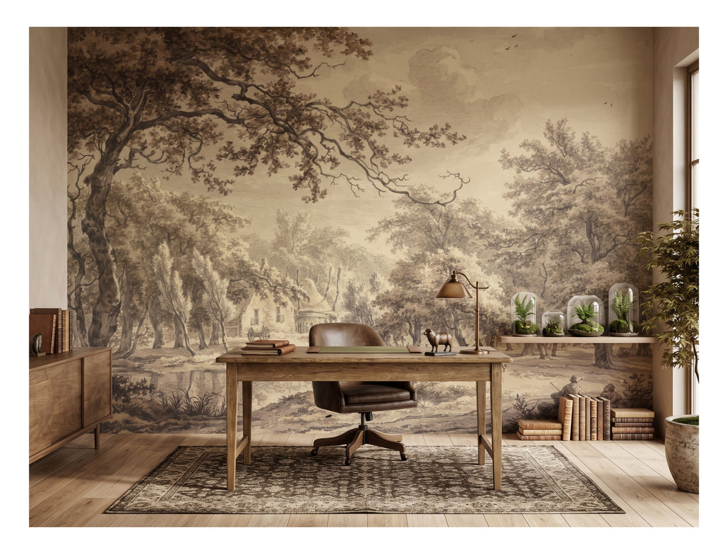 Sepia Classical Countryside Trees wallpaper in a styled room, view 3