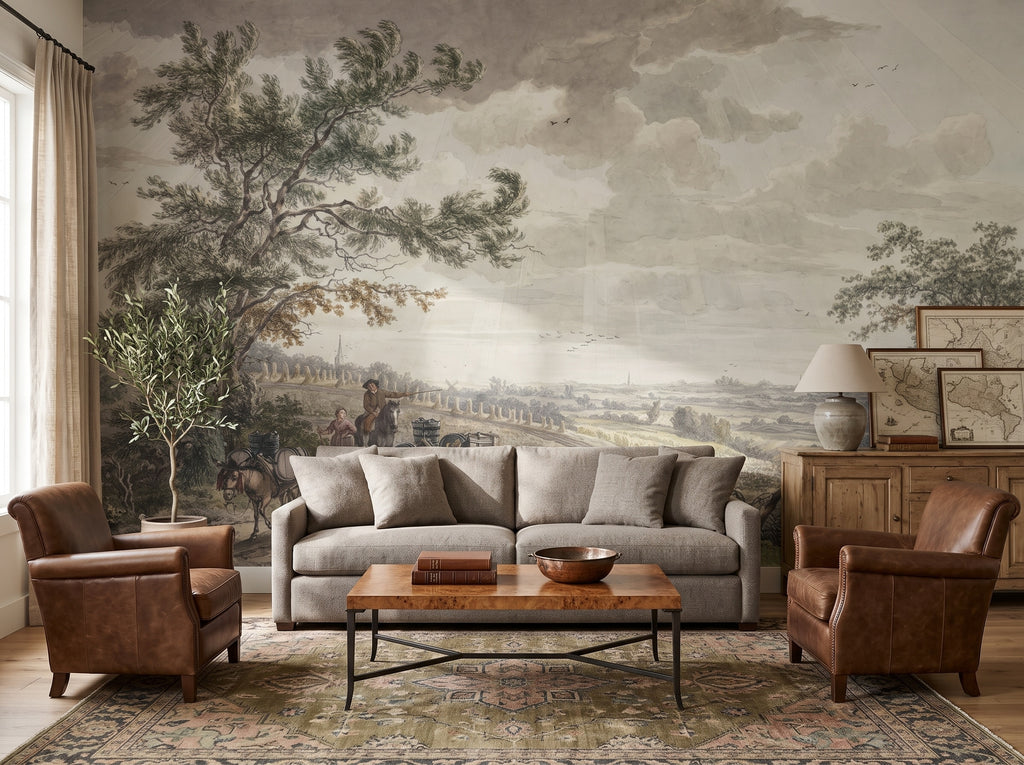 Vintage Green Country Lane wallpaper in a styled room, view 1