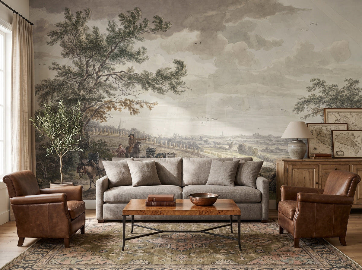Vintage Green Country Lane wallpaper in a styled room, view 1
