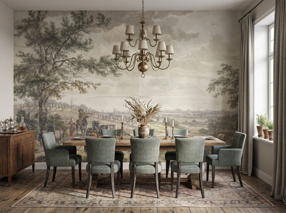 Vintage Green Country Lane wallpaper in a styled room, view 2