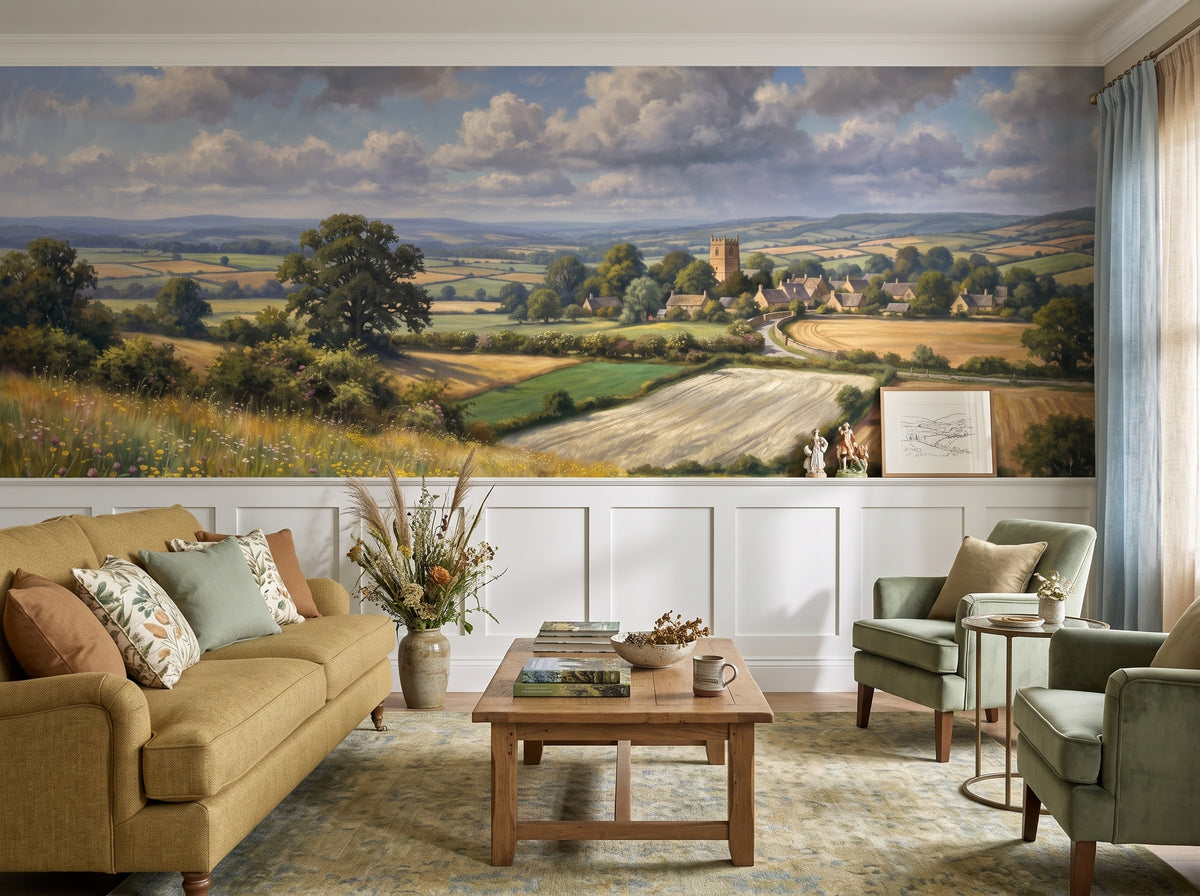 Green Fields & Village Panorama wallpaper in a styled room, view 1