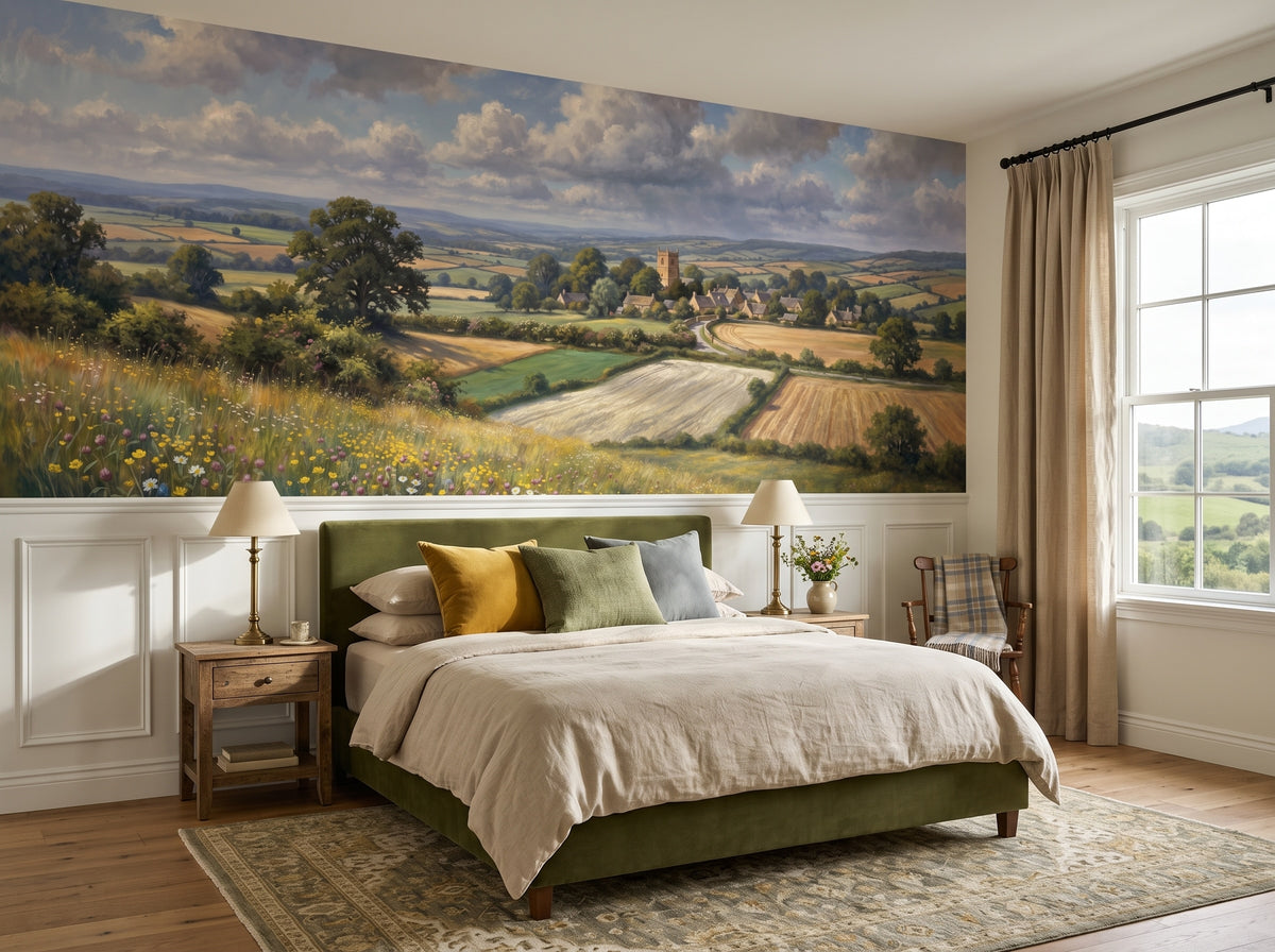 Green Fields & Village Panorama wallpaper in a styled room, view 2