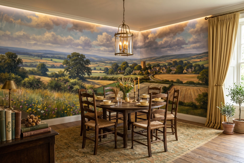 Green Fields & Village Panorama wallpaper in a styled room, view 3