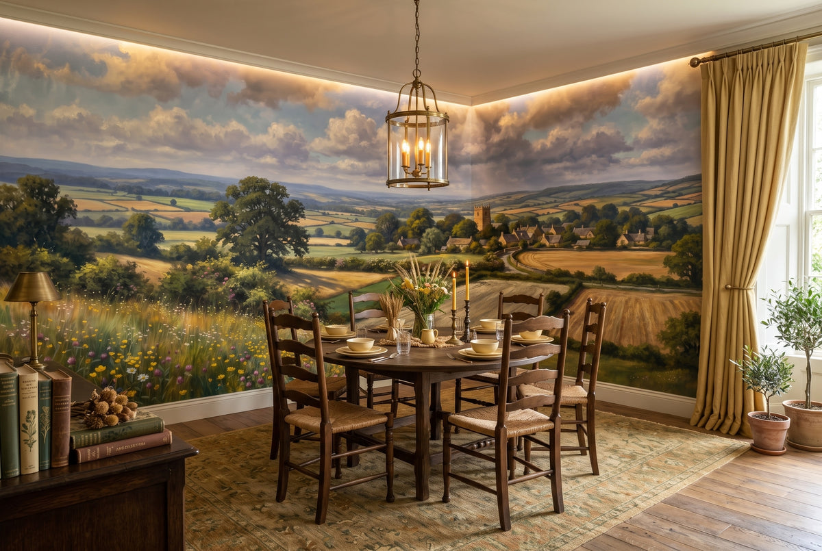 Green Fields & Village Panorama wallpaper in a styled room, view 3