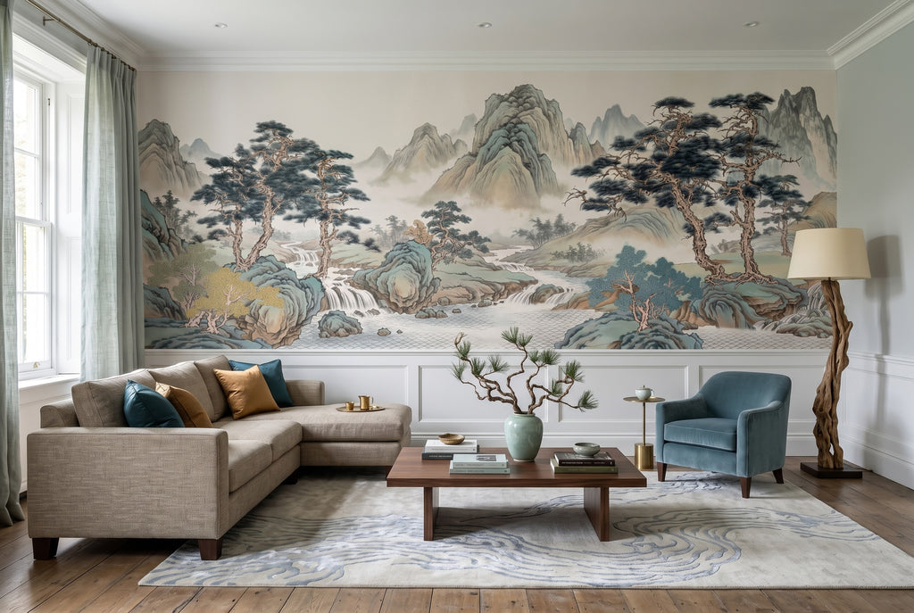 East Asian Mountains & Pine Trees wallpaper in a styled room, view 1