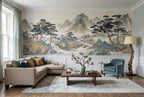 East Asian Mountains & Pine Trees wallpaper in a styled room, view 1