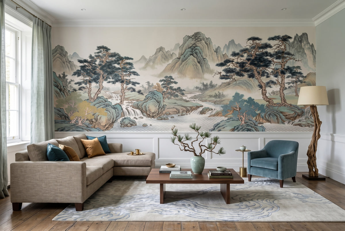 East Asian Mountains & Pine Trees wallpaper in a styled room, view 1
