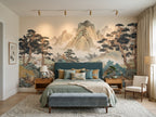 East Asian Mountains & Pine Trees wallpaper in a styled room, view 2